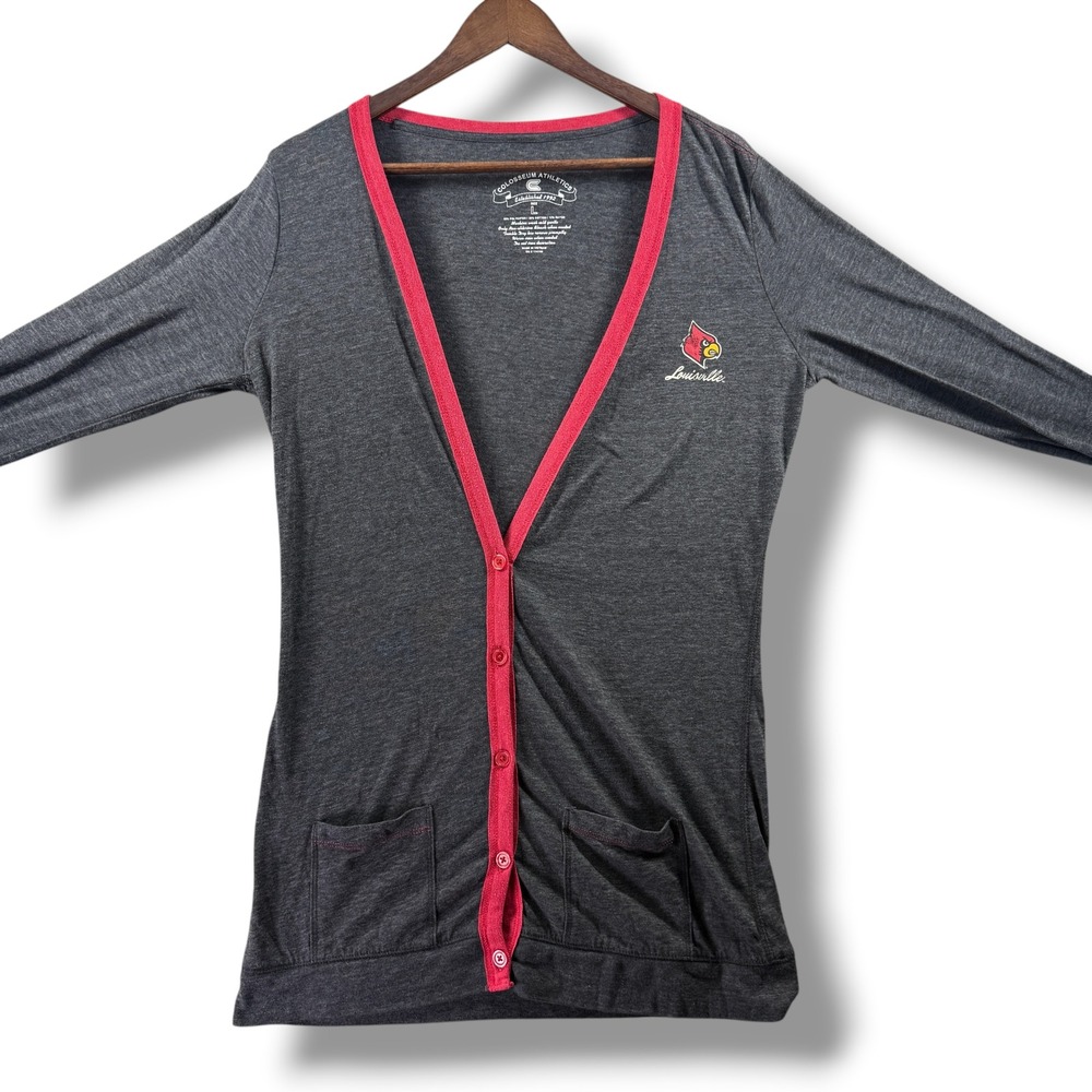 Colosseum Louisville Cardinals Women L Gray Red Button Front Cardigan Sweater